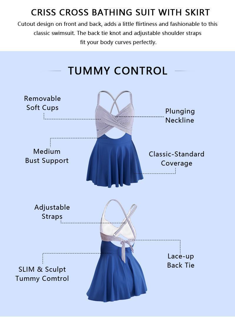 Women Cutout One Piece Skirt Swimsuit V Neck Wrap Tie Back Swimdress Tummy Control Bathing Suits High Rise Swimwear High Waist Swimwsuit