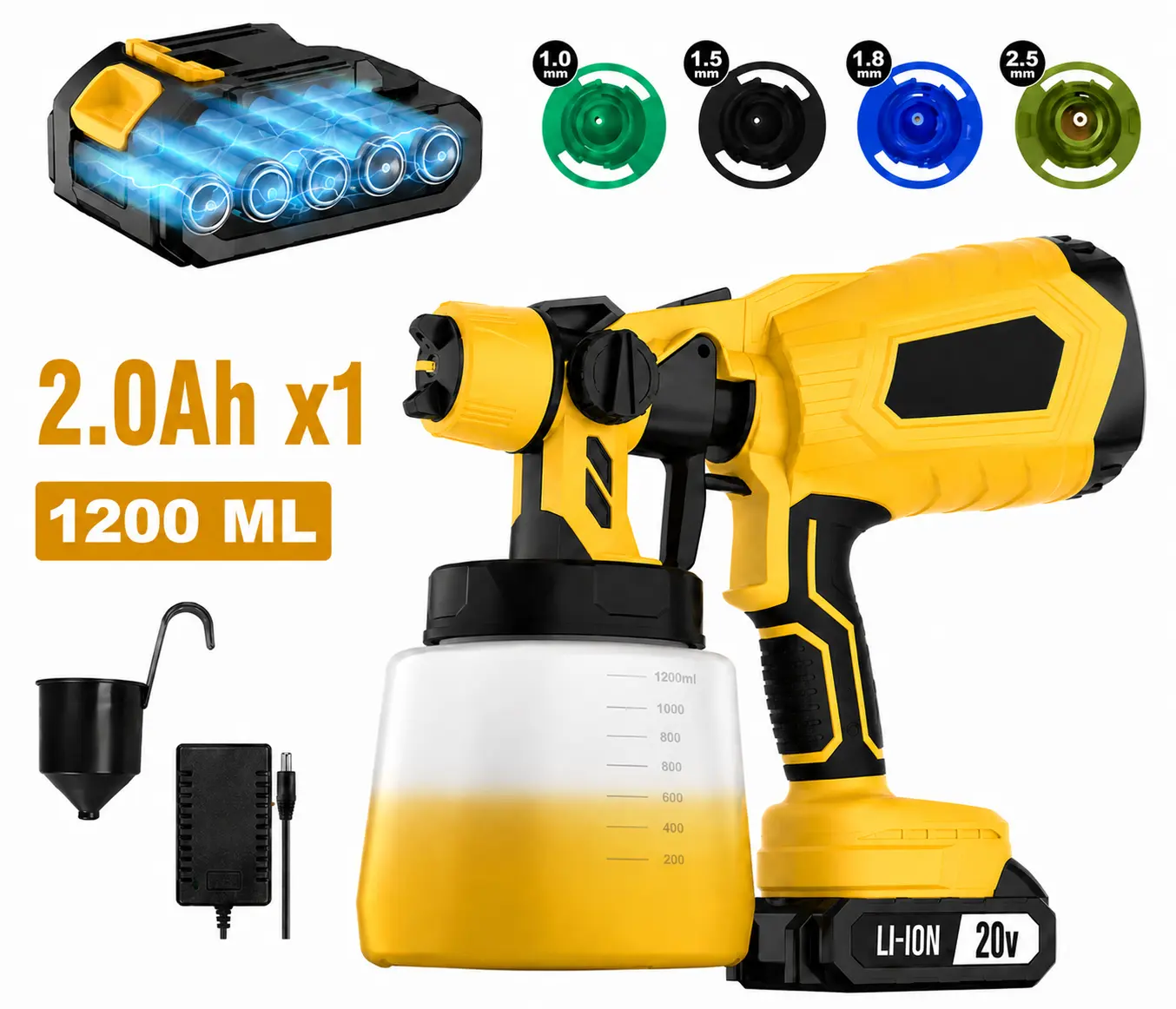 20V Cordless Paint Sprayer, 1200mL Electric Spray Paint Gun with 4 Nozzle Sizes, Adjustable Paint Flow, Battery Powered Paint Sprayer for Furniture, Cabinets, Fence, Walls, Wood & Home DIY Projects