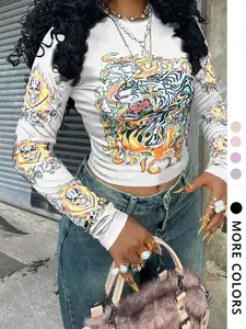 Women's Fashion Print Round Neck T-Shirt, Slim Fit, Cool Street Style, Hip Hop Rap, Young Girls, All Seasons