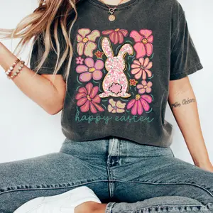Happy Easter Bunny T-shirt, Retro Comfort Easter Shirt, Floral Easter Rabbit , Cute Easter Gift, Woman's Easter Outfit