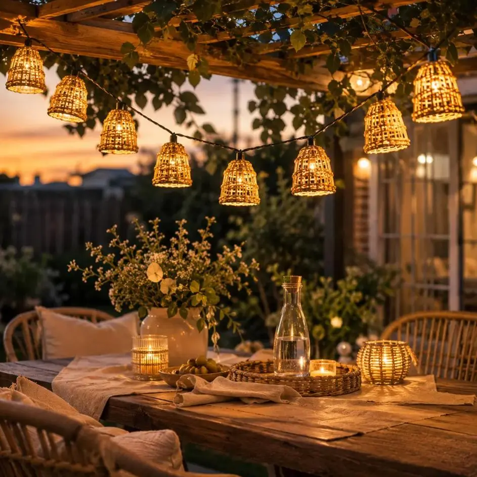 Solar Rattan Outdoor String Lights Waterproof Rattan Lantern Hanging Fairy Lights Boho Patio Decor Garden Fairy Lights Warm White Bistro String Lights Waterproof Boho Patio Lights, Warm White Garden Balcony Decor, 10 LED Outdoor Lanterns
