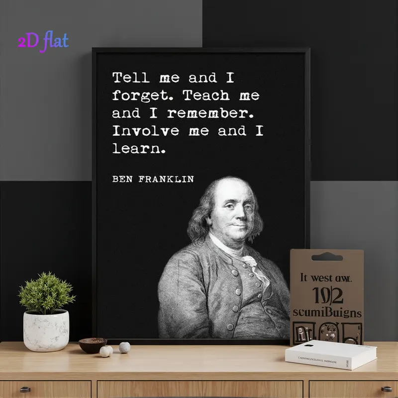 Ben Franklin Framed Wooden Wall Art - Educational Poster with Inspirational Quote, Ready to Hang, Perfect Gift for Home or Office Decor, 2D Flat Design, Perfect for Room Decor