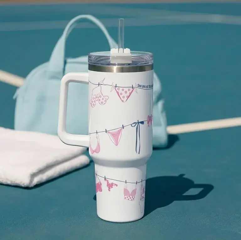 [Gift Box Included] 40oz, 20oz Retro Bikini Beach Quote Print Stainless Steel Tumbler with Handle and Straw Vacuum Insulated Travel Mug Fits Car Cup Holder Cute Gift for Beach Lovers