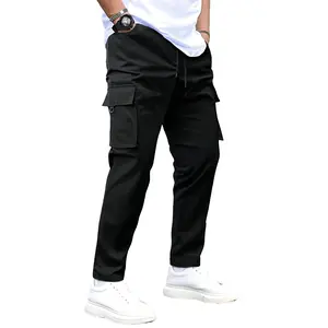 men's loose-fit elastic drawstring waist multi-pocket work pants - solid color spring/autumn outdoor activity long pants, machine washable (for teens and adults)