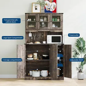 71in Tall Kitchen Pantry Cabinet with Charging Station-Farmhouse Kitchen Hutch Cabinet with Open Countertop-Coffee Bar Food Pantry Cupboard for Living Dining Room Brown