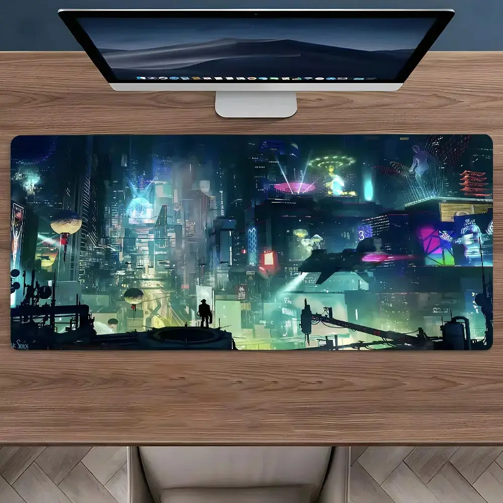 Neon Cyberpunk City Art Gaming Mouse Pad, Gaming Pc Accessories, Aesthetic Desktop Decoration Protection Pad, Rubber Non-slip Lock Edge Work Pad, multi-size mouse pad suitable for laptop, desktop computer games, work, family, good gift for boys, kids