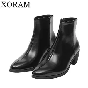 Men's pointed-toe side-zipper trendy short boots, new short boots in black with low heels, business short boots, suitable for commuting, fashionable and versatile, casual formal leather boots, unisex model 66675-J