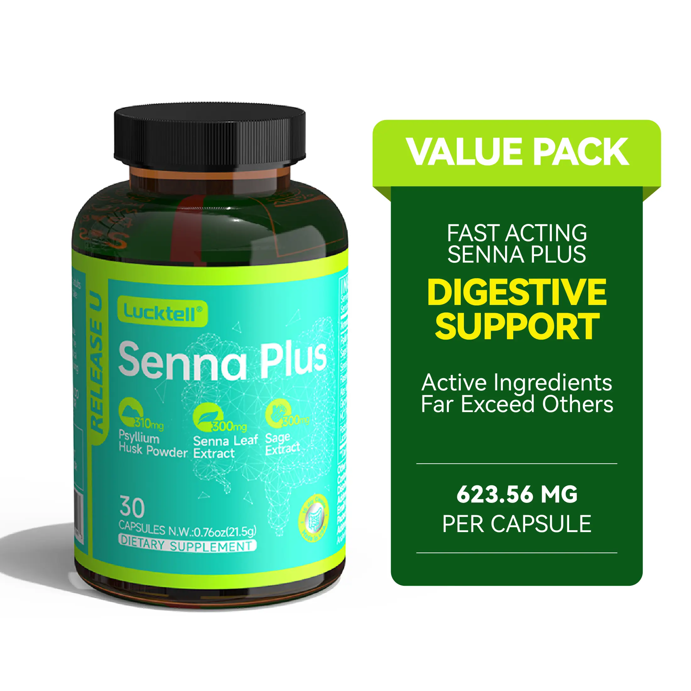 LUCKTELL Senna Plus - 15 Day Cleanse | Gentle Gut Cleanse, Fast-acting, Dietary Supplement | Senna Leaf, 30 Capsules, Healthcare Edible Fitness