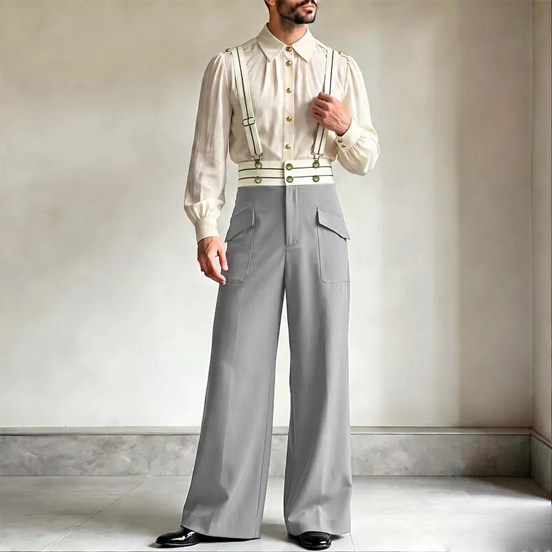 INCERUN Men's Vintage High-Waisted Straight-Leg Wide-Long Overalls/Suspender with Adjustable Strap Length Spring/Autumn Rompers