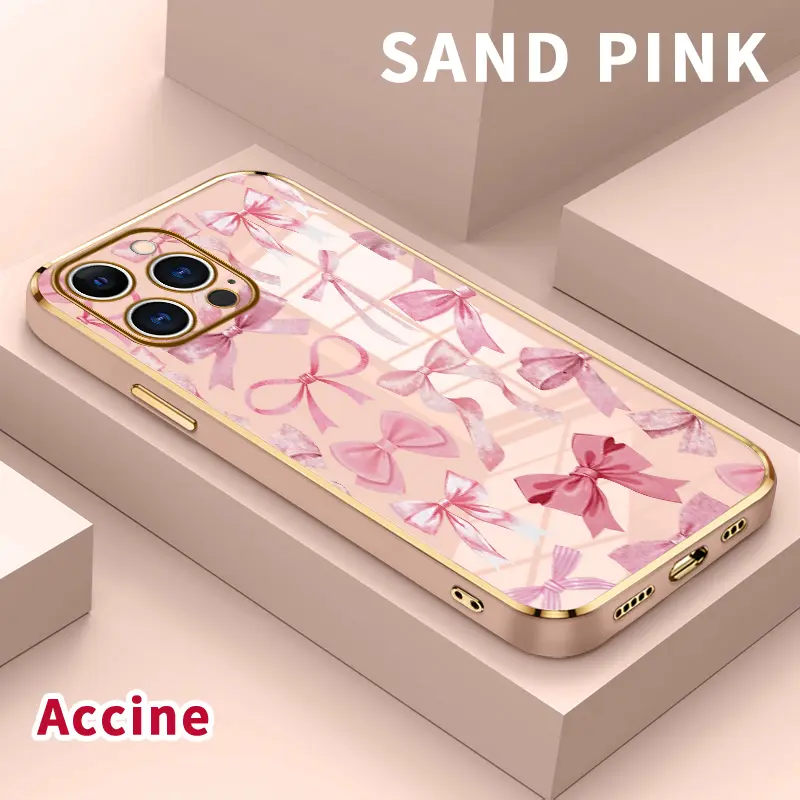 Luxury Electroplated Phone Case for iPhone 17 Pro Max Air 16 15 14 Plus 13 12 11 Pink Bow Symphony Pattern Soft TPU Silicone Ultra Slim Cellphone Cover Protective Shockproof Casing Protection Smartphone
