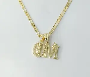 Plated Dainty Letter "M" Saint Jude Double Pendants 3mm Figaro Chain Necklace