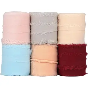 6 Rolls Chiffon Silk Ribbon Frayed Edge Chiffon Ribbon 1-1/2 Inch Wide 32 Yards Total Handmade Fringe Silk Chiffon Ribbon for Crafts Weddings and Home Decor 6 Colors B