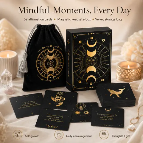 Positive Affirmation Cards for Women, 52 Daily Affirmations for Self Love, Confidence & Mindfulness, Black & Gold Self Care Deck with Magnetic Gift Box & Velvet Bag, Motivational Encouragement Gift