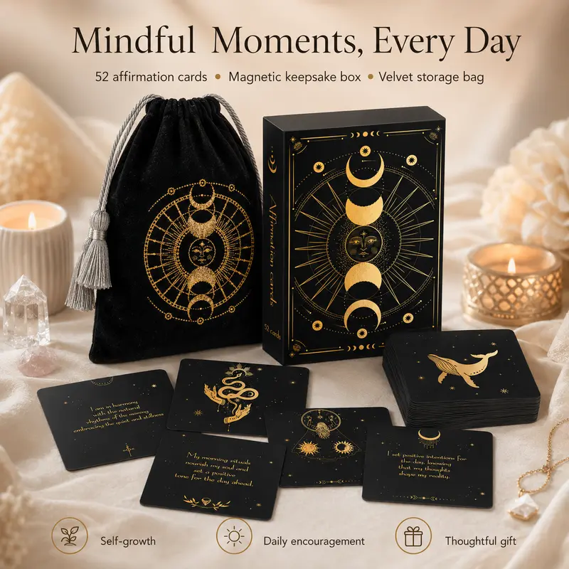 Positive Affirmation Cards for Women, 52 Daily Affirmations for Self Love, Confidence & Mindfulness, Black & Gold Self Care Deck with Magnetic Gift Box & Velvet Bag, Motivational Encouragement Gift