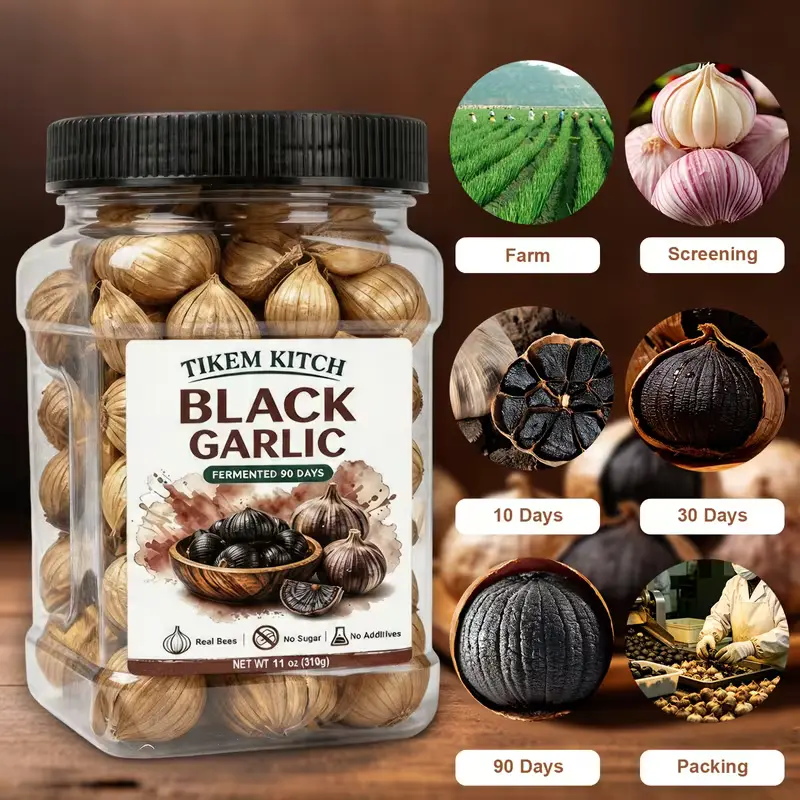 Aged Black Garlic Whole Bulbs, 90-Day Fermented Garlic, Soft & Mellow Ready-to-Eat Garlic, No Sugar Added, No Additives, Great for Cooking, Snacking, Sauces & Daily Pantry Use, 5.3oz/150g or 11oz/310g