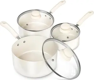 MICHELANGELO Sauce Pan Set With Lid, 1QT&2QT&3QT Ceramic Saucepans, Nonstick Saucepan Set, PFAS-FREE Pot Set, Small Pots For Cooking, Multipurpose Cooking Pots Set, White