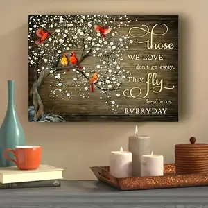 1 Piece Commemorative Canvas Oil Painting Wood Grain Print - "The Loved Ones Never Leave, They Fly Beside Us Every Day" - Decorative Frame Wall Art with Red Cardinals and Flower Branches, Suitable for Living Room, Hanging Sympathy Gift - Mourning Dec