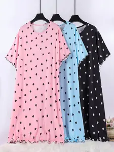 Women's Summer Sleepwear Set Heart Print Cute Comfortable Home Clothes, 3-Piece Women's Fitted Nightgown, Soft & Cozy Ladies Loungewear