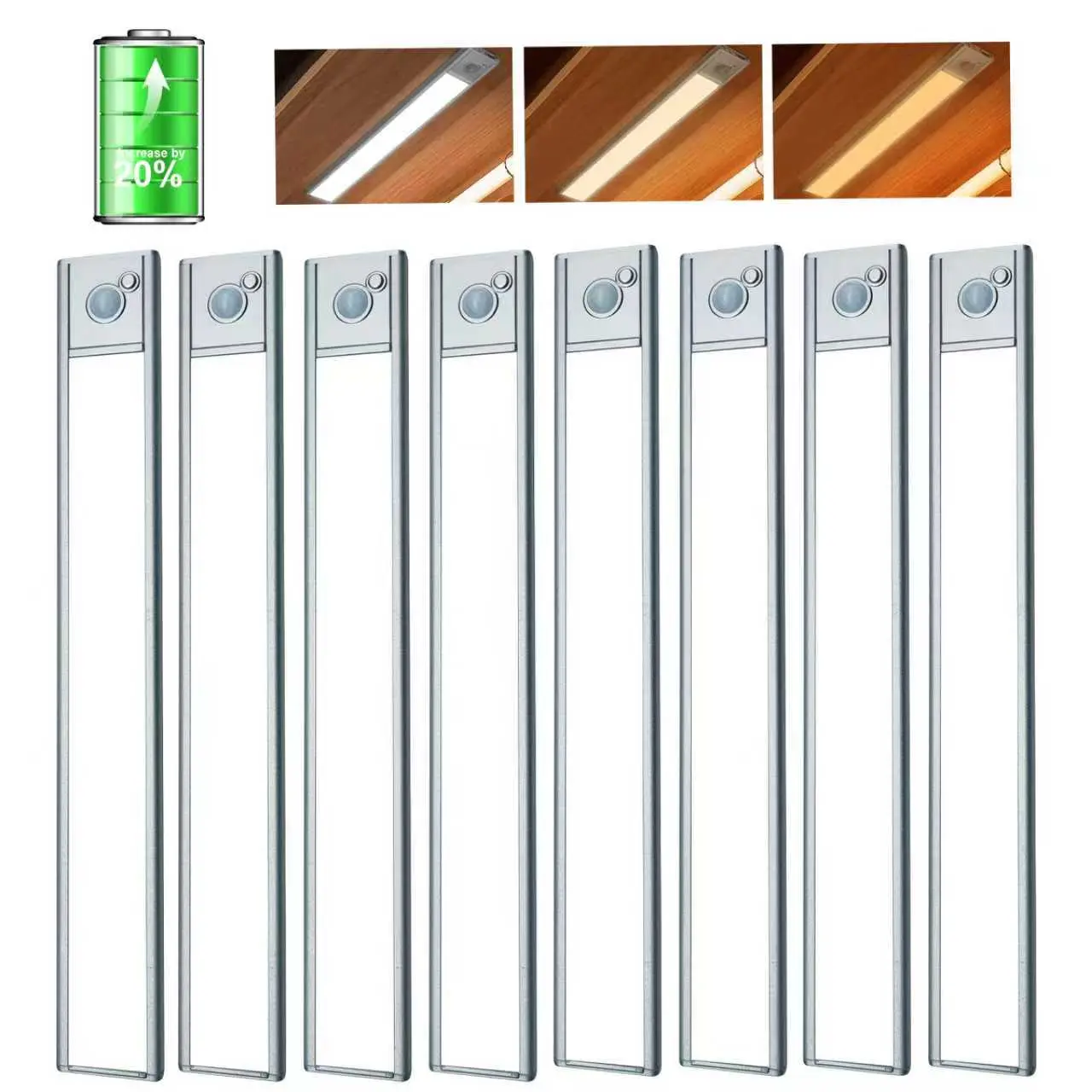 8 PACK Ultra Thin Motion Sensor Under Cabinet Light, Rechargeable LED Kitchen Light with PIR & Light Sensor, 3 Color Temps (3000K/4000K/5000K), Dimmable Brightness, Magnetic Mount for Closet Wardrobe Garage lighting tool room full screen soft kitch, Light