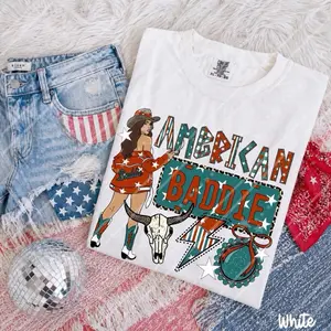 Comfort Colors 1717 Graphic Tee American Baddie Light Blue Texture,  100% Ring-Spun Cotton Unisex Relaxed Fit DTF Design Vintage Look Soft Durable Shirt Top Womenswear T-Shirt Streetwear Summer