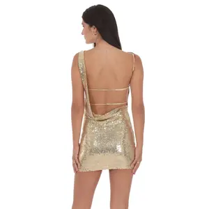 Lucy in the Sky Sequin High Neck Open Back Dress in Gold