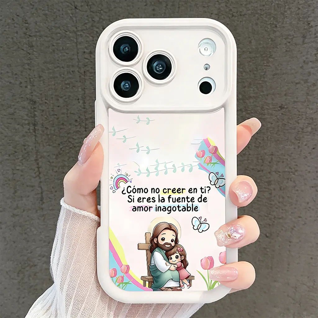 Cute Cartoon Jesus Religious Smartphone Case with Spanish Bible Quote, Soft TPU Shockproof Full-Coverage Camera Accessory for iPhone 17/16/15/14/13/12/11 Pro Max Plus Air, Rustic White Cute Phone Accessory for Girls TYJT260409010, Accessories