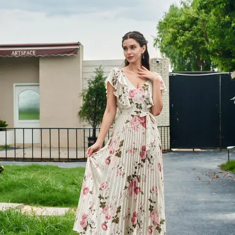 Vintage Rose Print Pleated Maxi Dress Ruffle Short Sleeve V Neck Belted Flowy Long Dress For Women
