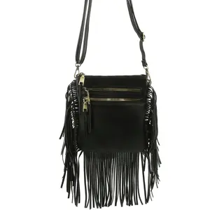 Fringe Tassel Crossbody Handbag Purse - Solid Black Fashion Rock Style with Plain Pattern and Solid Lining
