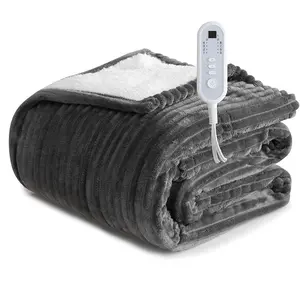 Heated Blanket Electric Grey Throw - 50"x60" Heating Blanket Throw 1/2/4/6/8 Hours Auto-Off 8 Heat Level Over-Heat Protection Ribbed Flannel Sherpa Electri