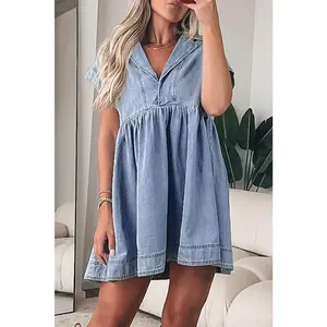 GCollection Vintage-Inspired High Waist Denim Babydoll Dress with Cap Sleeves & Lapel Neck Detail for Women