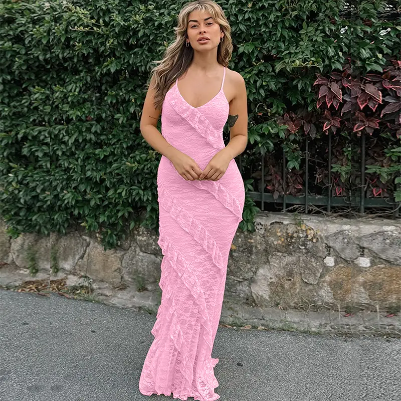 floral lace v neck maxi dress Lace Detail Ruffled Floral V-Neck Maxi Dress Black / S main image 1