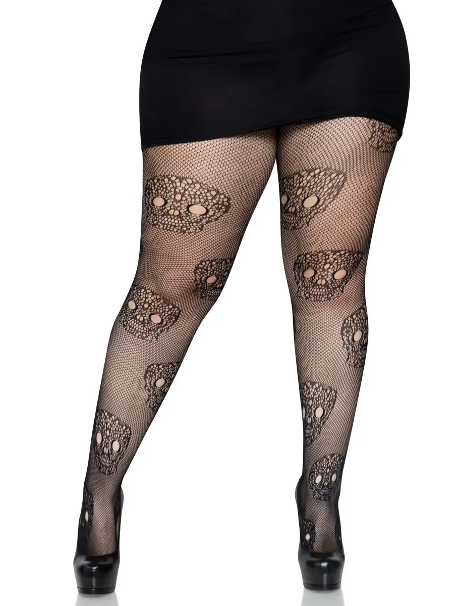 Leg Avenue Women's Plus Size Calavera Lace Skull Tights - Black, 1X-2X, Cute, Gorgeous, Comfortable Breathable Fishnet, Halloween Spooky Costume Accessory, Day Wear, Casual, Halloween Costume, Fabric