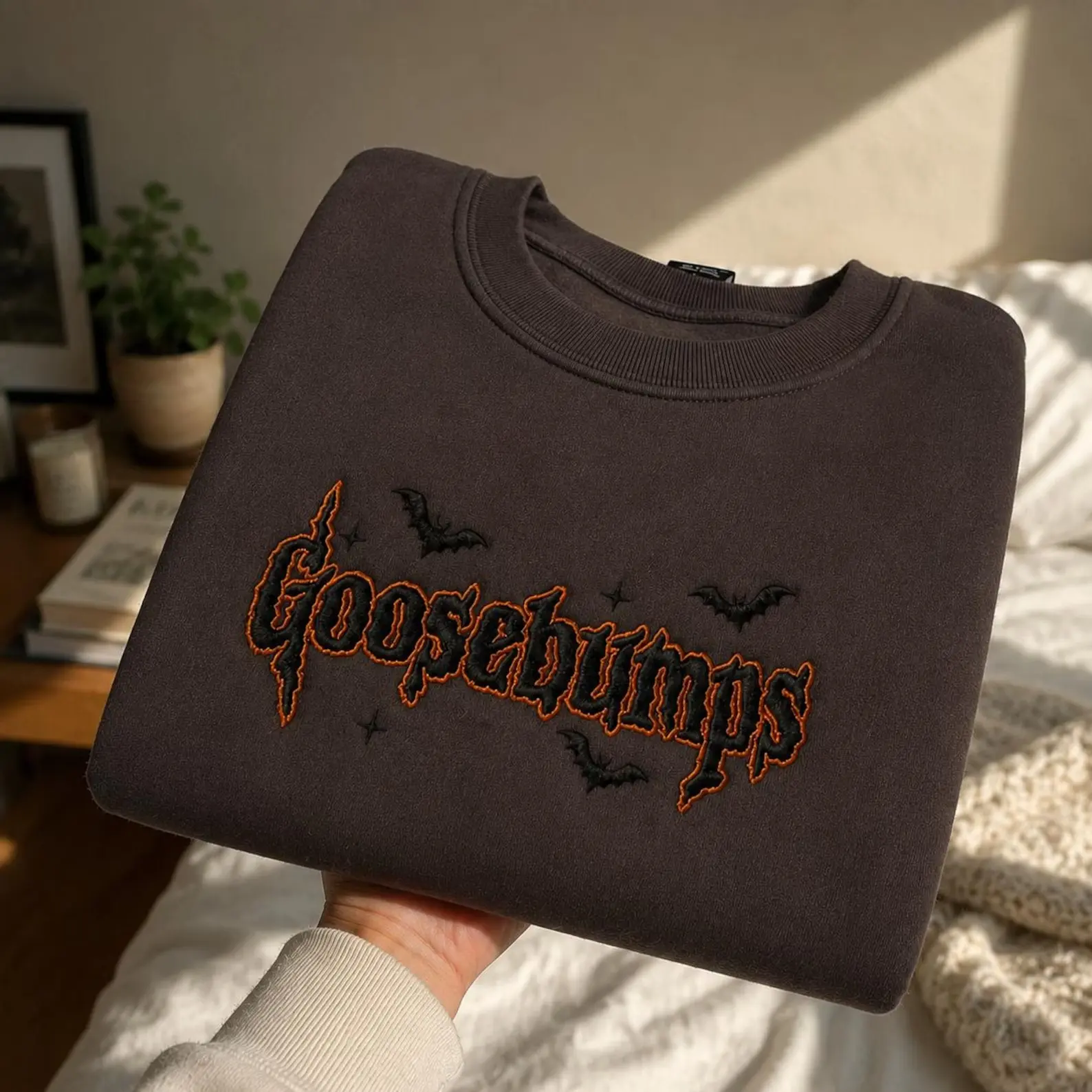 [Made in US] Goosebumps Embroidered Sweatshirt T-shirt Hoodie, Spooky Season Crewneck, Cute Halloween Bats Hoodie, Retro Fall Aesthetic Gift