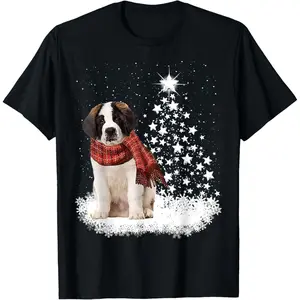 Saint Bernard On Snow Christmas Tree Lighting Scarf Xmas T-Shirt, 100% Cotton, Single Side Printed, Black Short Sleeve T-shirt, 1 pc, Christmas Halloween Thanksgiving Gift