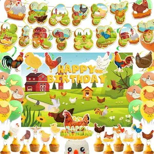 Chicken Birthday Decorations Chicken Party Supplies Set With Chicken Birthday Banner Backdrop Spirals Cake Cupcake Toppers Balloons For Chicken Party Decorations Farm Baby Shower Decorations
