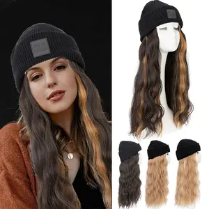 18" Knited Hat Wig Beanie Hat With Hair Long Wavy Hair Extensions Knit Rib Hat Attached Curly Synthetic Hairpiece Elegant Black Warm Woven Wig Capfor Women Fall And Winter Medium Brown Blonde Christmas Gifts