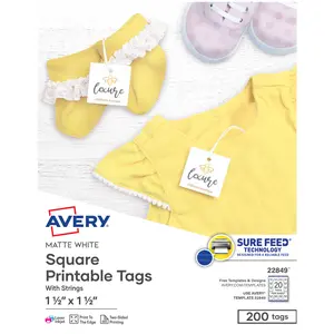 Avery Square Printable Tags with Sure Feed, 1.5" x 1.5", White, 200 Customizable Tags with Strings, Great for Branding, Gift Tags, Price Tags, and More (22849)