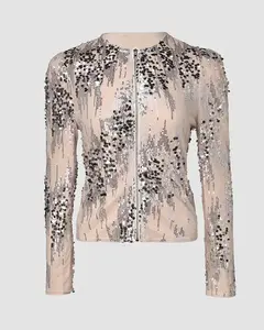 Women's sequin puff-sleeve cropped jacket, featuring a lightly luxurious and sweet-cool style, with a delicate and eye-catching texture, suitable for parties, dates, casual social gatherings, and city outings.