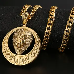 Men's Stainless Steel Lion Head Pendant Necklace, Gold Modern Statement Jewelry, Suitable for Casual and Formal Occasions, Fashionable Neck Piece, Bold Design, Polished Finish, Ideal Gift