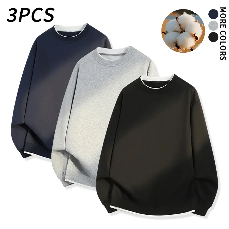 3 pcs pullover sweatshirts with a faux layered design, made from soft, thick cotton knit fabric. Relaxed, oversized fit with dropped shoulders. Great value for the season and essential for travel and home wear, featuring a simple casual style.