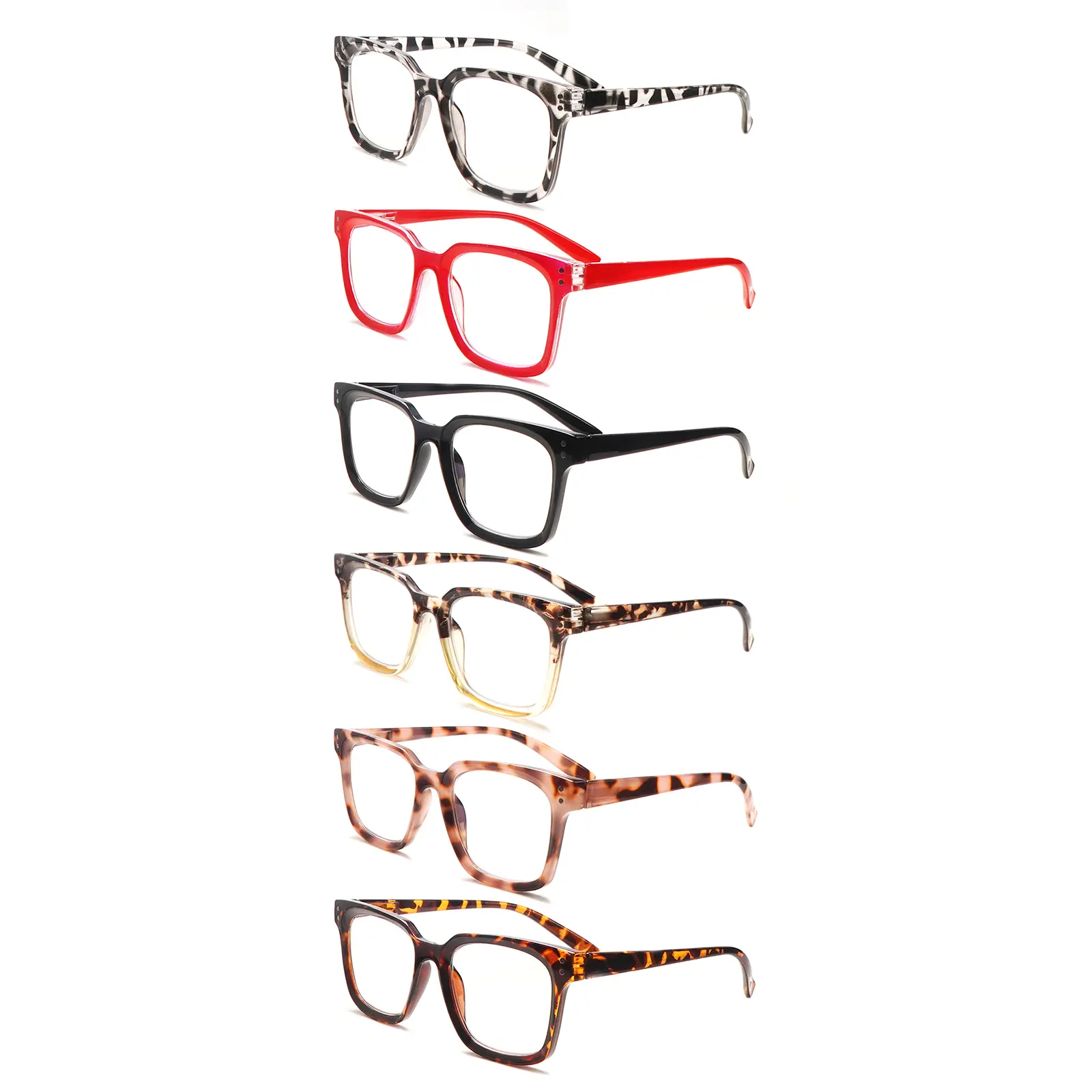 6-Pack Stylish Anti-Blue Light Reading Glasses Unisex design with oversized frames Spring hinge construction with lightweight frames for comfortable wear Ideal for reading,computer work, and daily commutes The Top choice for holiday gifts Adjustable Clear