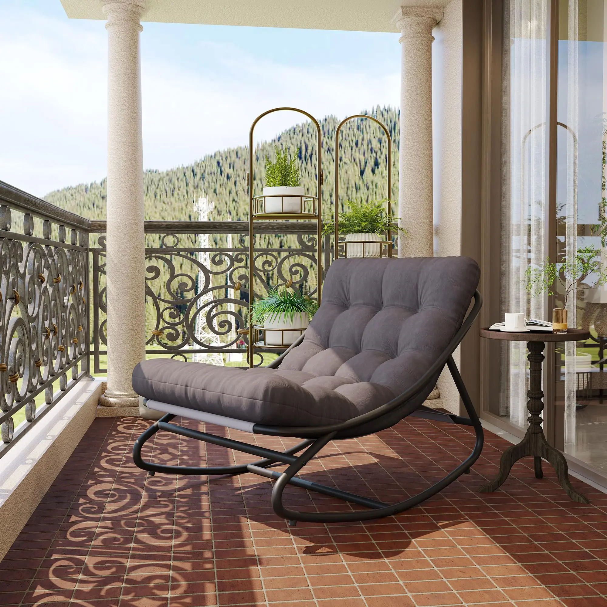 Garvee Oversized Papasan Outdoor Rocking Chair - Patio Lounge Rocker with Thick Cushions, Heavy-Duty Metal Frame, 450 lb Capacity - Porch/Backyard/Balcony - Gray