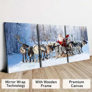 3-Piece Wood Framed Canvas Art Set, Snowy Forest Santa & Reindeer Christmas Decorations, Modern Wall Art Prints for Home Decoration