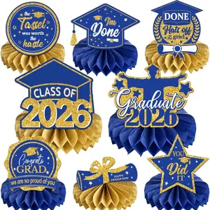 Graduation Decorations Class of 2026 Blue Congrats Grad Honeycomb Centerpieces Congratulate Graduation Table Toppers for Graduation Party Supplies (Blue Gold)