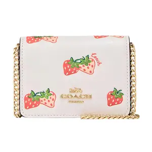COACH Strawberry Print Detachable Chain Strap Clasp Closure Leather Wallet Clutch Crossbody Bag for Women, Mini, White