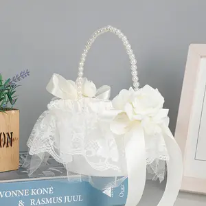 New Western Wedding Flower Basket, Bride Flower Girl Throw Flowers, Pearl Handle, Artificial Decorative Lace Decoration, Handheld Flower Basket
