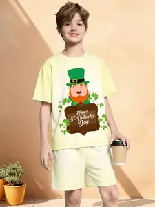Boys' St. Patrick's Day Cartoon Leprechaun, Wooden Sign & Clover Print Short Sleeve Set, Punch Monkey Festival Casual Two-Piece