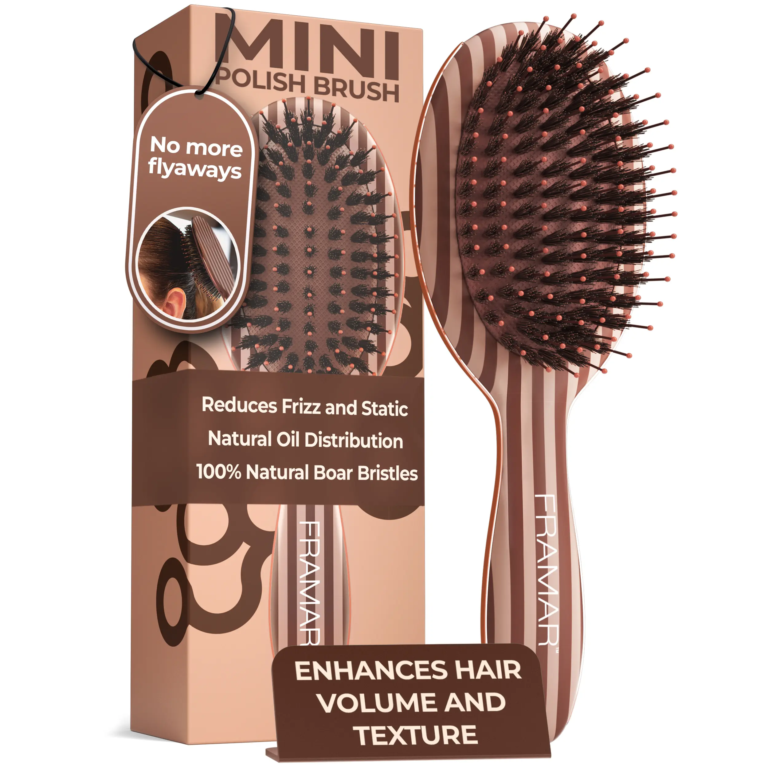 FRAMAR Small Boar Bristle Hair Brush, Mini Travel Hair Brush For Fine Hair, Boar Bristle Slick Back Brush, Travel Size Boar Bristle Brush, Small Hair Brush For Purse, Adds Volume & Shine, Choc Stripes