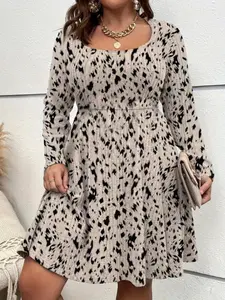 Plus Size Leopard Print Scoop Neck A Line Dress without Belt, Casual Boho Bohemian Long Sleeve High Waist Dress for Fall & Winter, Women's Clothes for Daily Wear, Boho Style Dresses