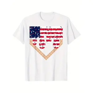 4th of July Red White and Blue Baseball Ice Cream Drip Boys T-Shirt for Boys Fashion Trend Bottoming Shirt Breathable, Casual Comfortable Top Streetwear Fashion Casual Summer Tee Crew Neck Short Sleeve T-Shirt Best Gift for Boy Girl, Cotton, Short Sleeves
